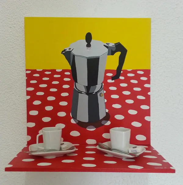 Still life, acrylique tasses et étagères sur toile 46x5 2016